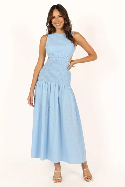Cutout High-Neck Shirred Cotton Maxi Dress