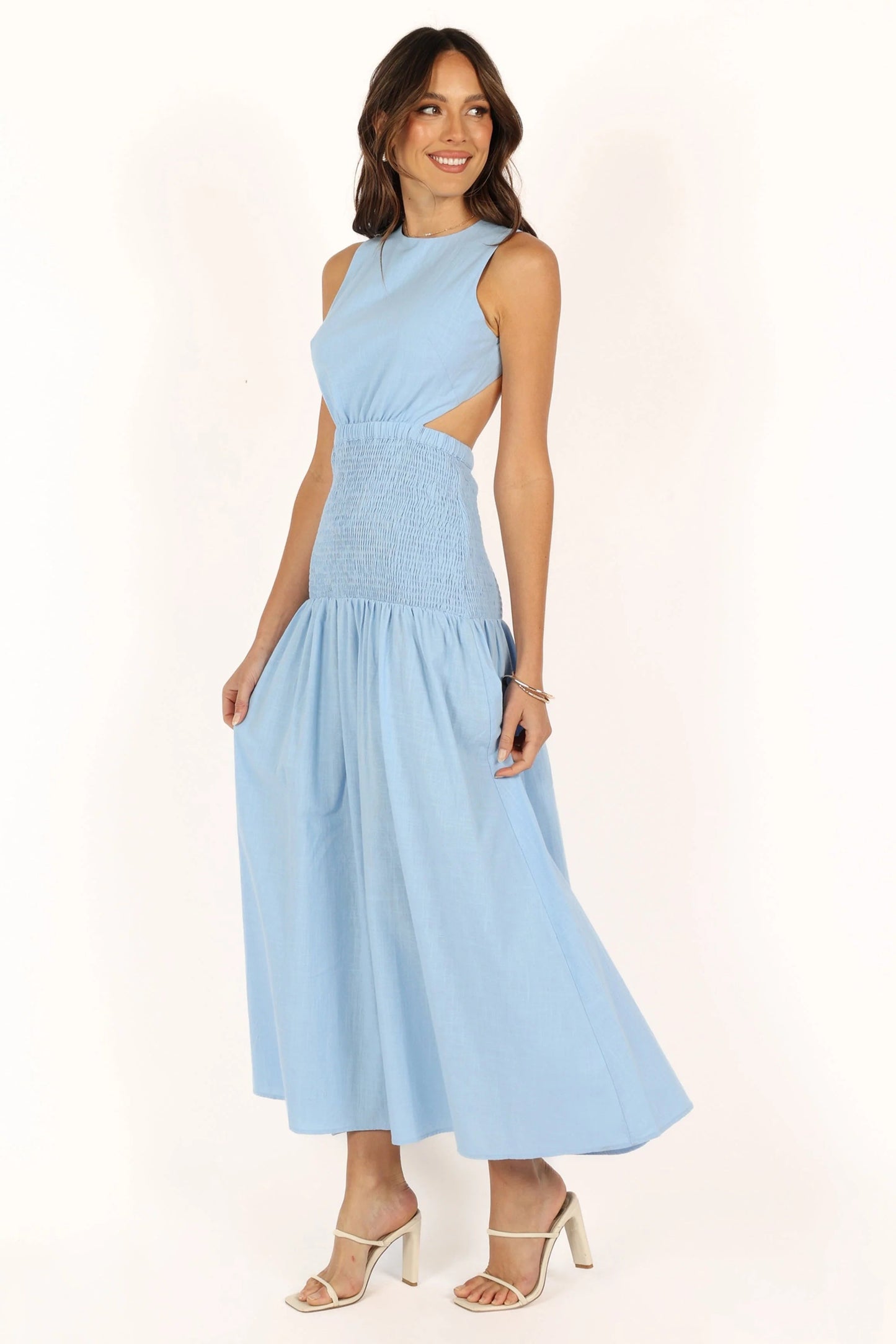 Cutout High-Neck Shirred Cotton Maxi Dress