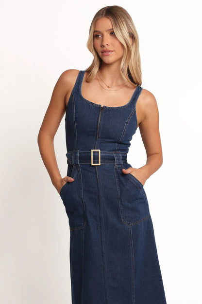 Denim Belted Zip-Front Midi Dress