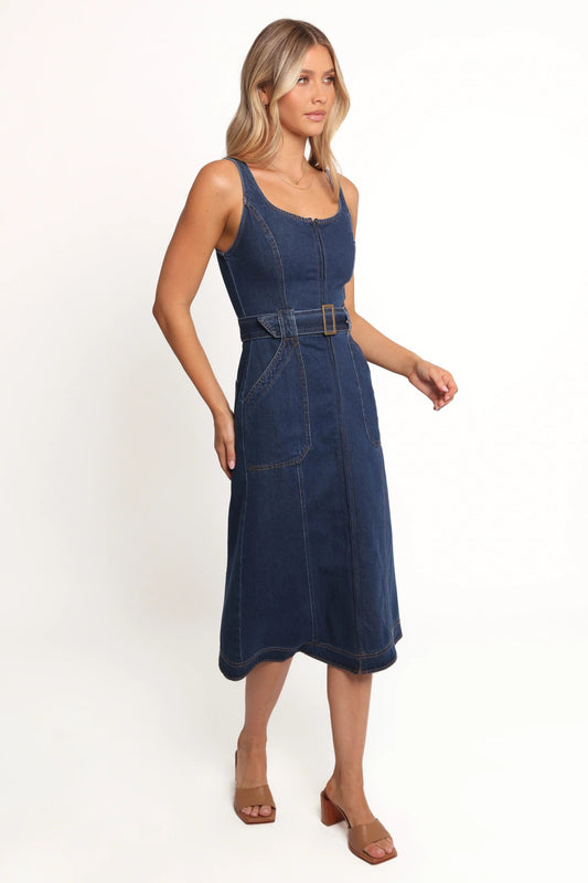 Denim Belted Zip-Front Midi Dress
