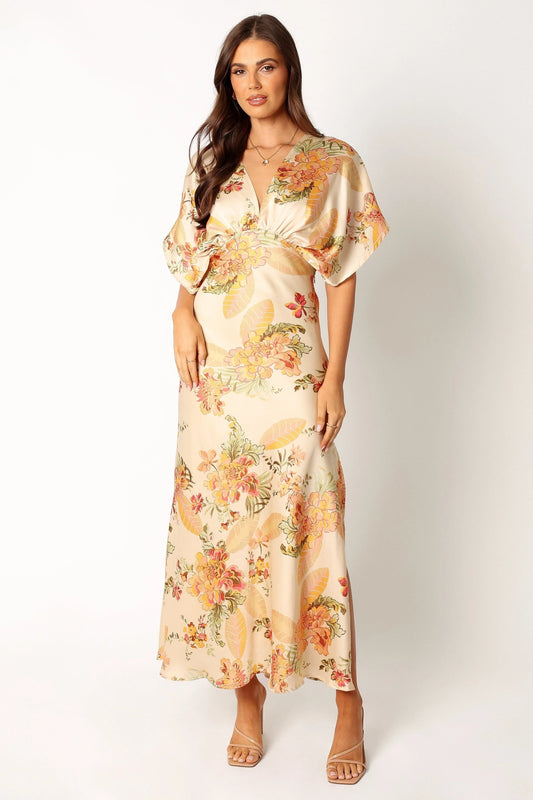 Gathered Bust Satin-Feel Maxi