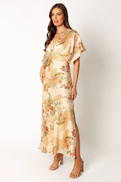 Gathered Bust Satin-Feel Maxi