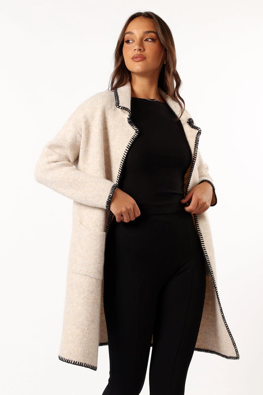 Open-Front Contrast-Stitch Knit Cardigan
