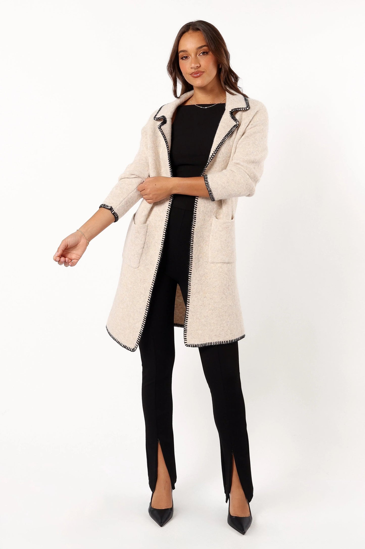 Open-Front Contrast-Stitch Knit Cardigan