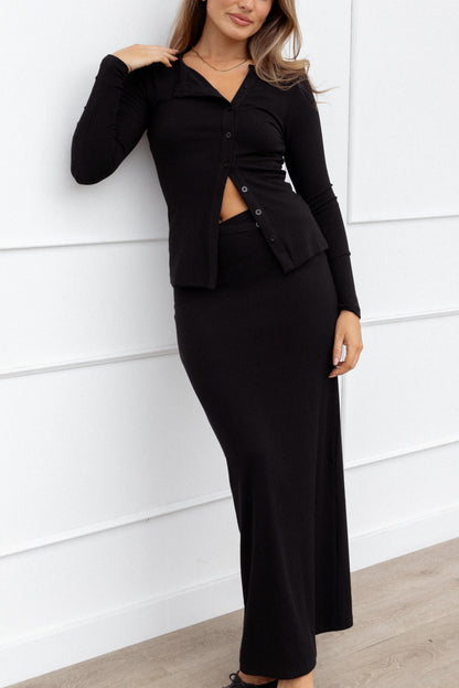 Ribbed Knit Round-Neck Top & Midi Skirt Set