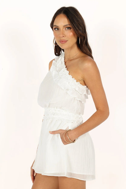 Ruffle One-Shoulder Romper with Pockets