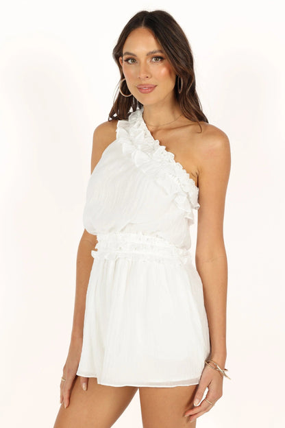Ruffle One-Shoulder Romper with Pockets