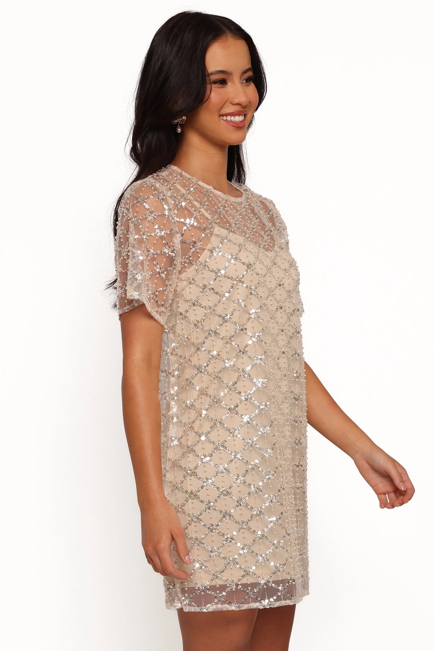 Sequin-Beaded High-Round Mini Dress