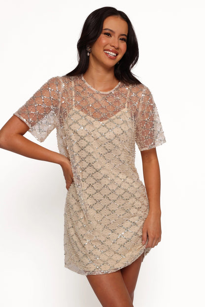 Sequin-Beaded High-Round Mini Dress