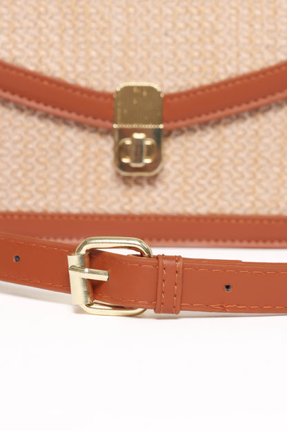 Tan Rattan & Faux Leather Shoulder Bag