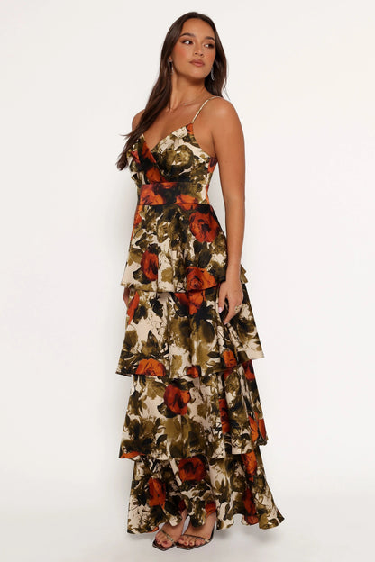 Tiered Satin Floral Maxi Dress