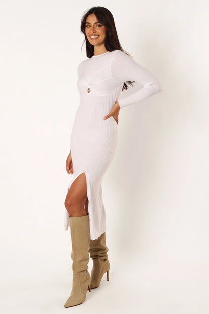 Twist-Knot High-Neck Long-Sleeve Midi Dress