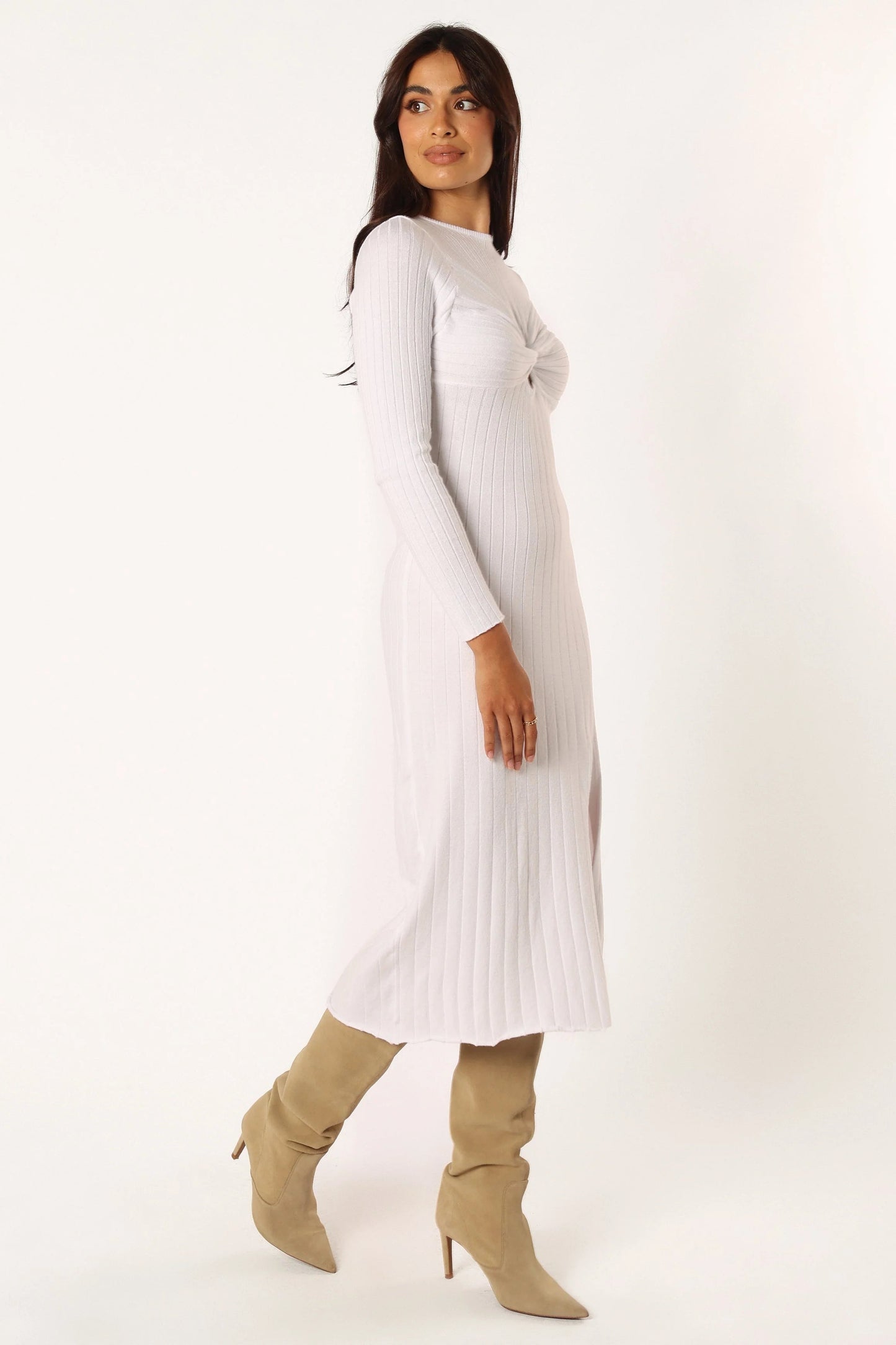 Twist-Knot High-Neck Long-Sleeve Midi Dress