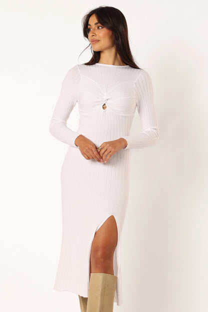 Twist-Knot High-Neck Long-Sleeve Midi Dress