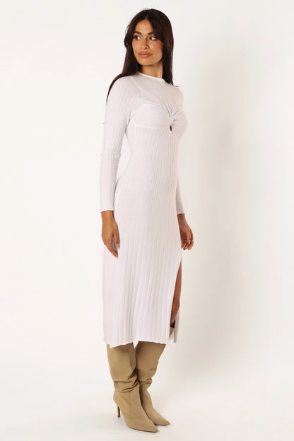 Twist-Knot High-Neck Long-Sleeve Midi Dress