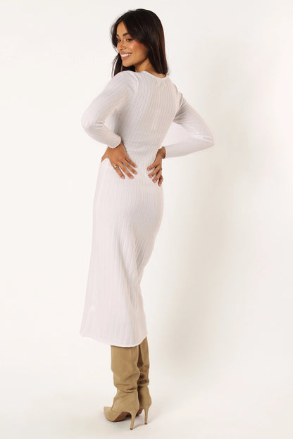Twist-Knot High-Neck Long-Sleeve Midi Dress