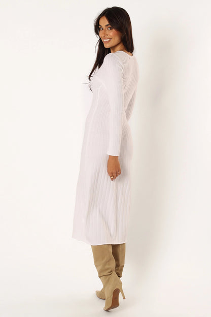 Twist-Knot High-Neck Long-Sleeve Midi Dress